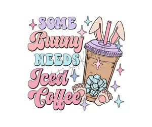 Some Bunny Needs Iced Coffee • T-shirt Tee Shirt Comfortable Unisex Top Casual Sublimation Graphic Checkered Retro Easter Coffee Cute Stylish