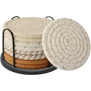 Boho Coasters Set of 8 for Drinks Beer Coffee Cotton Woven 4Colors Absorbent Coaster with Holder Tabletop Protection Minimalist Design for Home Decor Tableware Cover