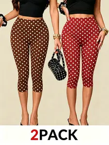 2 Pack Women's Polka Dot Capri Leggings, High Waist Stretchy Slim Fit Cropped Pants, TikTok Viral Y2K Aesthetic Casual Tights, Retro 90s Style, Summer Basic Outfits for Daily Streetwear & Vacation