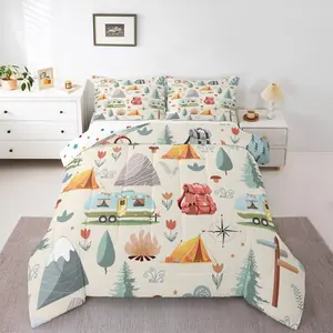 Summer Camp Camper Comforter Set,Camping Adventure Bedding Set,Bedroom Travel Car Rv Accessories Comforter,Botanical Flowers Mountain Quilt