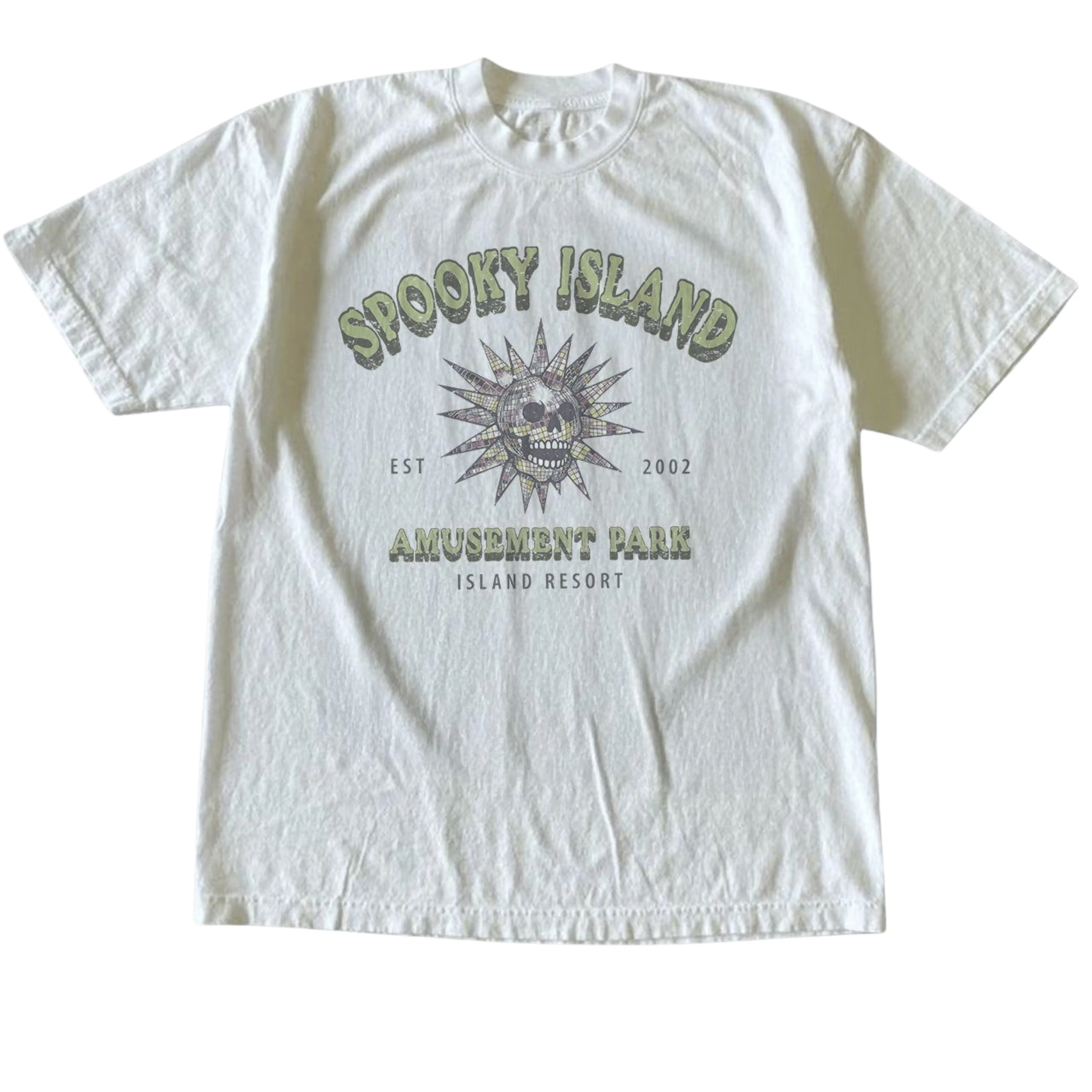 Gildan Men's and Women's T-Shirt, Vintage Style Spooky Island Graphic Tee, Unisex Casual Top, 2002 Amusement Park Resort Shirt, Retro Y2K Horror Movie Fan Apparel, Matching Couples Outfits, Unique Birthday Present, Premium Cotton
