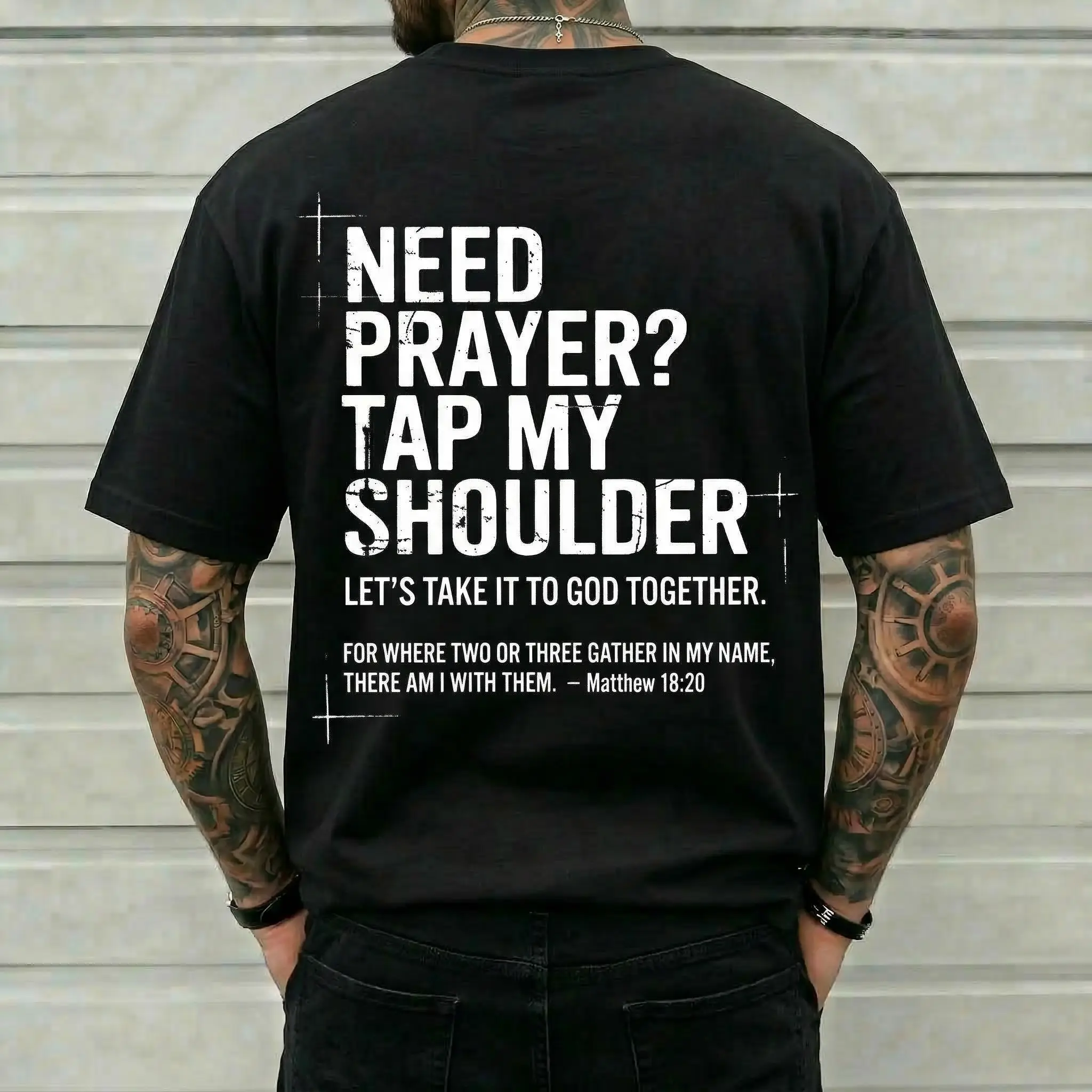Men's Cotton Short-Sleeve Print T-Shirt - Prayer Tap My Shoulder Back Graphic, Bible Verse, Christian Streetwear, Evangelism Faith-Based Oversized Casual Apparel