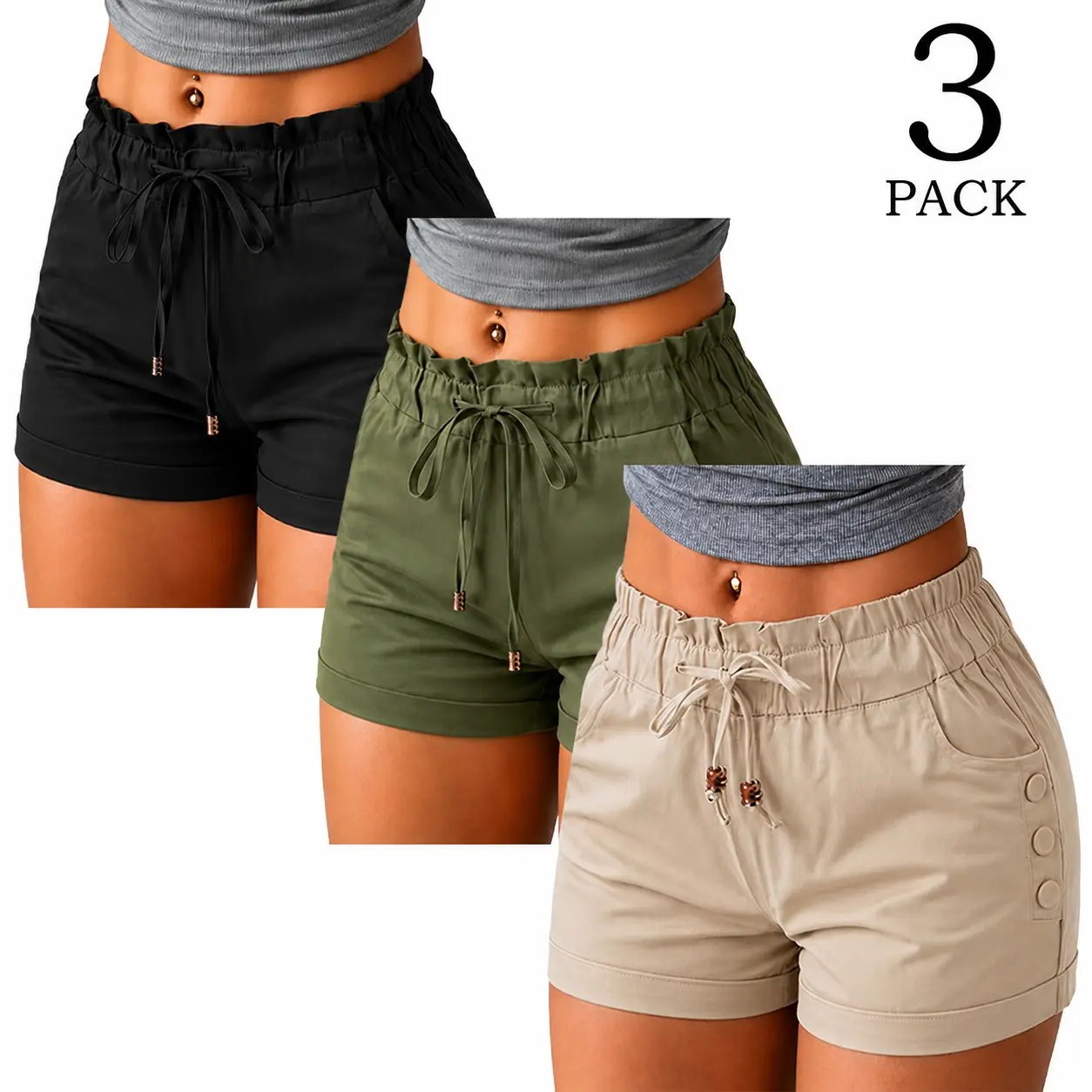 Women’s high-waisted 100% polyester shorts (3-piece set) — directional sporty look with rolled hems and metal accents; workwear-inspired women’s shorts featuring a smooth fabric, pocket waist drawstring design, side button details, casual rolled hems; sum