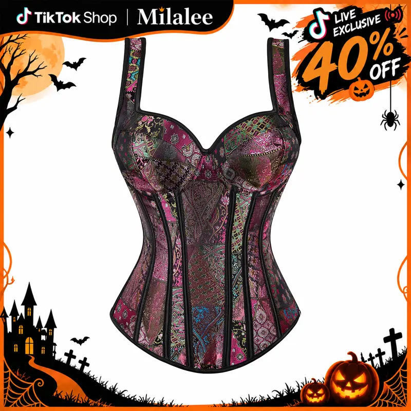 MILALEE Women's Gothic Shoulder Straps Tank Overbust Corset Halter Bustiers Top Plus Size Lingerie Halloween Gothic Party Outfit XS-7XL 1569-ZC live1