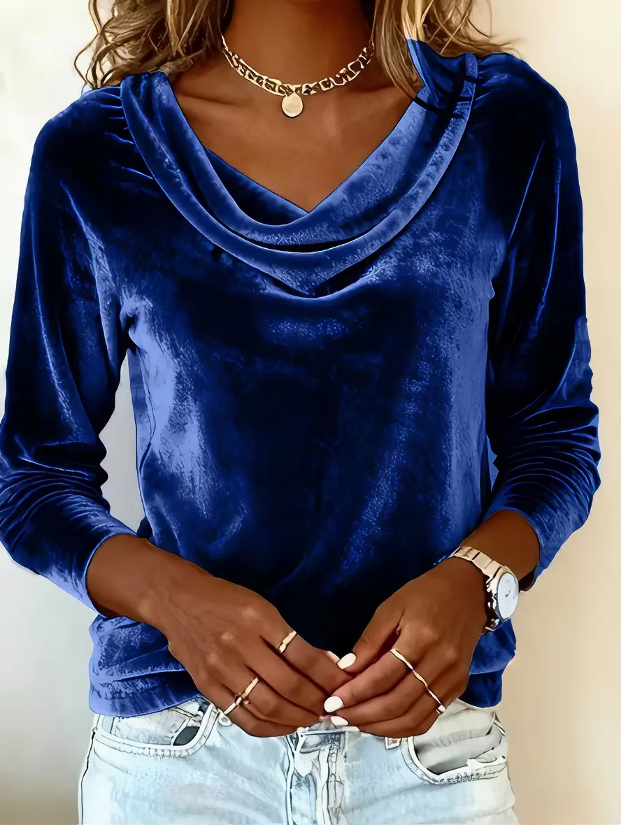 Velvet Cowl Neck Long Sleeve Top in Rich Blue Color for Women's Fashion