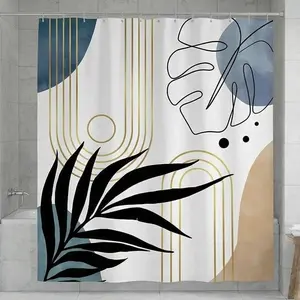 72x72 shower curtain, bathroom four-piece set, bathroom floor mat, toilet seat cover, U-shaped floor mat, geometric leaf pattern, waterproof fabric, comes with 12 plastic hooks, no drilling required, perfect home decor, for bathr, Shower Curtain Sets