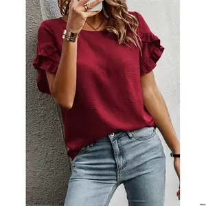 ShortSleeveTops EMERYROSESolidRuffleTrimPetalSleeveBlouse