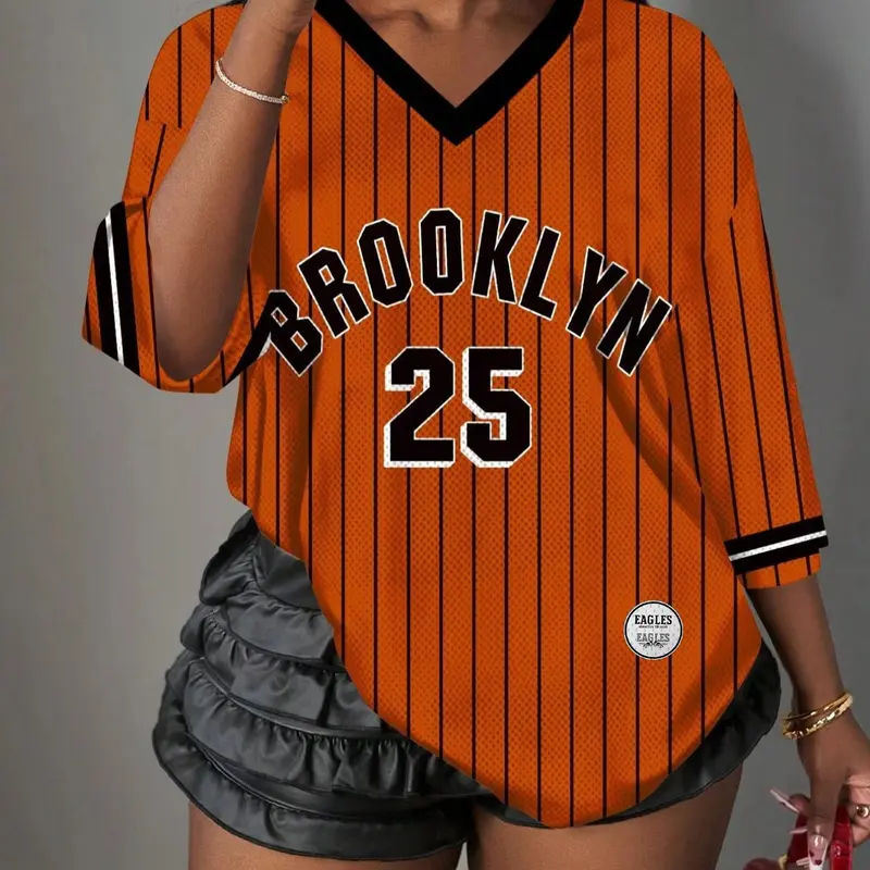 Women's Y2K Casual Simple "Brooklyn" Letter Print T-Shirt, Casual Athletic Style, Athletic Fitted Breathable Mesh Sports Ball Jersey, Streetwear, Athletic Sports Clothing, Fitness T Shirt for Daily Wear