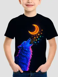 High-Quality Fashion T-Shirt, Captivating Night Wolf Print, Fun Design, Spring Summer Autumn Winter Kids Clothing, Outdoor Sports Tee