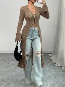 Women's Solid Color Long Sleeve Knitting Cardigan, Elegant Fashion Casual Fitted Tie Front Cardigan, Women Knitwear for Daily Outdoor Wear