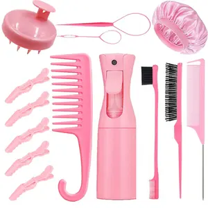 14PCS Hair Styling Tool Set With Wide Tooth Comb, Rat Tail Comb, Scalp Massager, Edge Brush, Spray Bottle, Sectioning Clips, Hair Loop Tool & Satin Bonnet, Curly Hair Styling Kit For Women & Men, Salon And Daily Hair Care