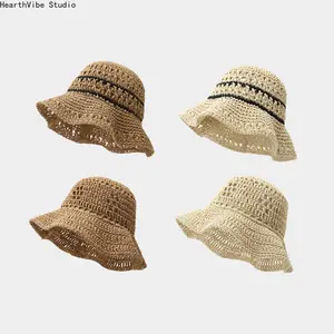 Women's Breathable Crocheted Shapeable Straw Bucket Hat - Hats for Women - Spring/Summer Sports & Outdoor Accessory for Seaside Vacations, Casual Wear, Sun Protection