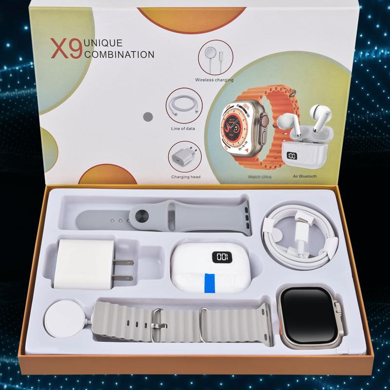 Smart Watch Set: Includes a smart watch, Bluetooth earphones, a 20W fast charger, and a Type-C fast charging data cable.