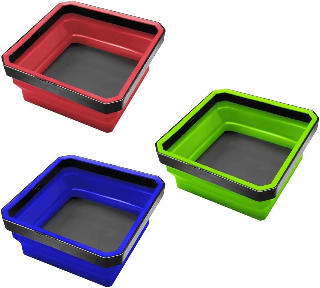 3PCS Magnetic Foldable Tray, Collapsible Tool Organizer Tray Set with Magnetic Base, 4.5 Inch Square Auto Parts Silicone Bowl, Car Storage Accessories for Holding Nuts, Bolts, Small Parts