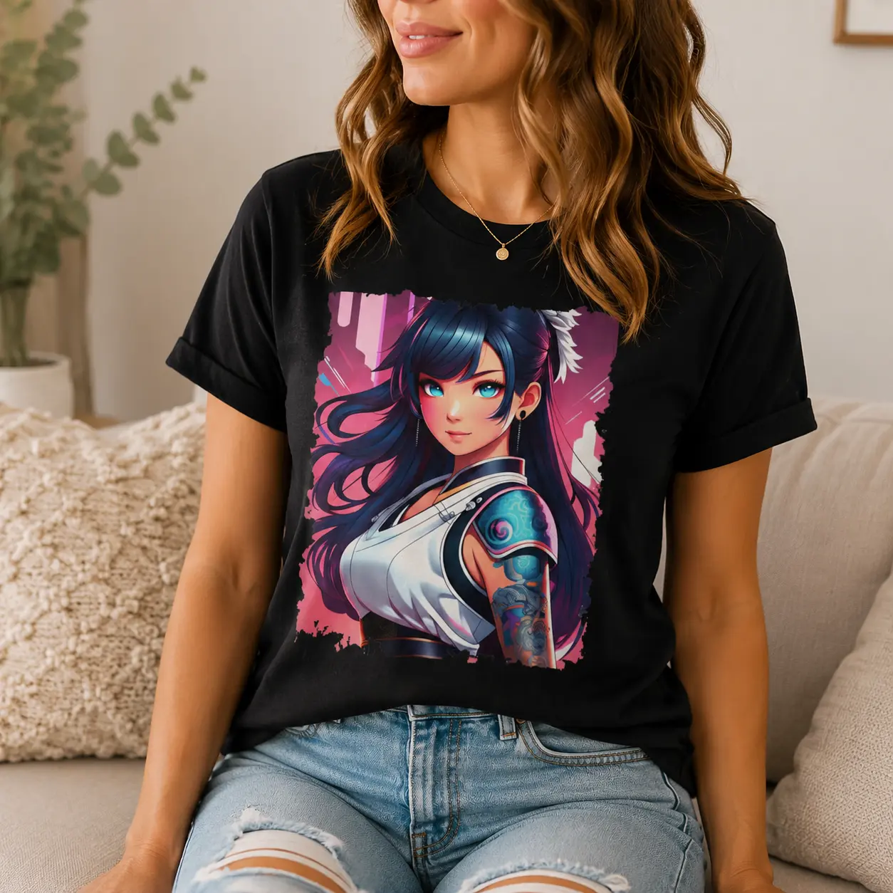Women's Anime Manga Theme Fantasy Warrior Princess Graphic T-Shirt, Cotton Regular-Fit Round-Neck Short-Sleeve Tops, Casual Streetwear for Daily Wear (Rachel New Outfit), Shortsleeve