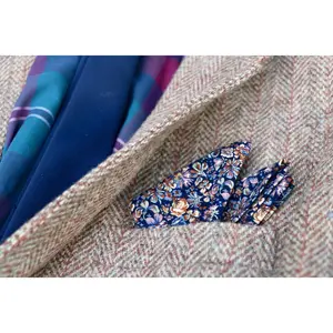 BROWN AND DARK BLUE FLORAL PRINT POCKET SQUARE HANDKERCHIEF