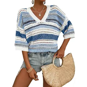 Imily Bela Womens V Neck Crochet Sweaters Striped Short Sleeve Pullover Hollow Out Tops Beach Cruise Outfits 2025