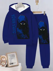 Super Ninja Hoodie Set with Mystery Masked Ninja Design, Glowing Eye Details, Super Ninja Lettering, Casual Street Style, All Seasons