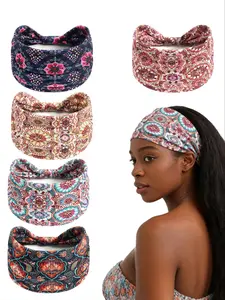 Women's Vintage Casual Paisley Floral Wide Hairbands, Boho African Ethnic Style, Comfortable Geometric Print Headbands for All Seasons, Headband Set