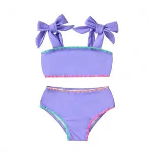 Toddler Baby Girls Swimsuit Two Piece Solid Color Stripe Swimwear Summer Beach Bikini Bathing Suit