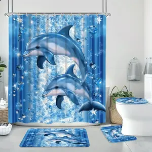 Dolphin Pattern Bathroom Accessories, 4 Counts/set Including Shower Curtain & Toilet U-shape Mat & Bathroom Mat & Toilet Lid Cover, Bathroom Decor Supplies