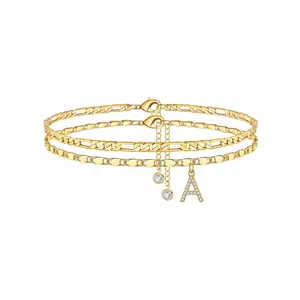 Gold-colored anklet with rice beads and letters, simple and stylish, 26-letter Cuban double-layer anklet, women's anklet, women's jewelry, couple's gift