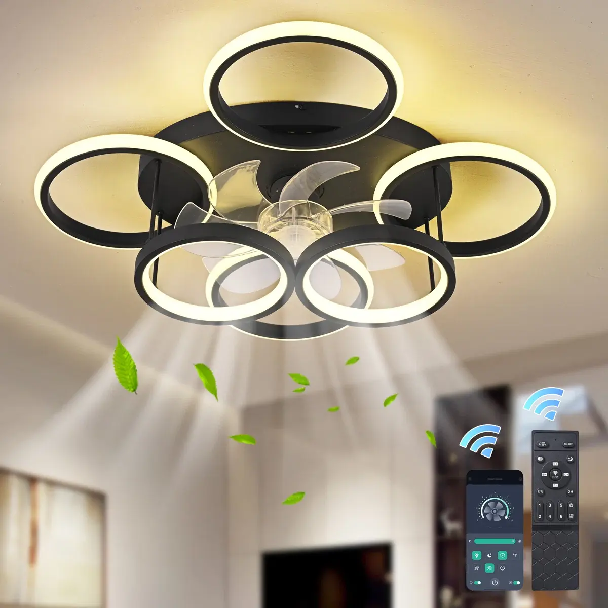 Ceiling Fanlight, Modern LED Dimmable Bladeless Fan light, 66W Black 6-Rings 24.8in Reversible 6-Speed Ceiling Fan Lamp Flush Mount Lighting Fixture with Remote for Living Room, Dining Room, Office