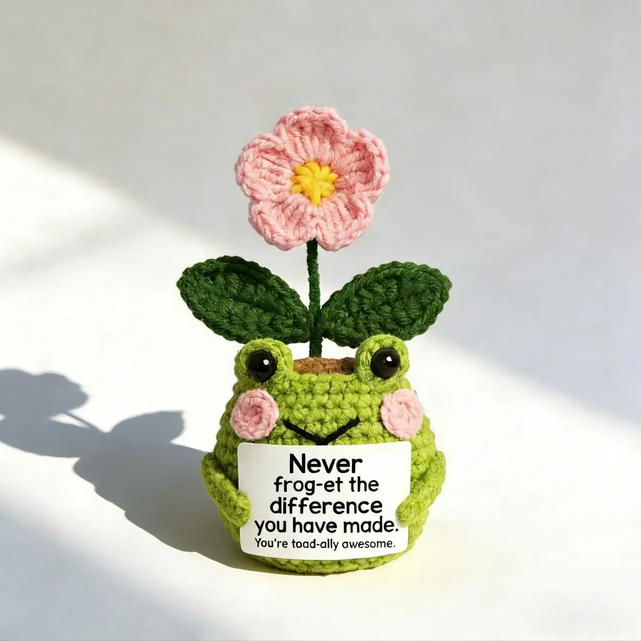 Handmade Crochet Frog Planter with Flower, Handmade Crochet Figurine, Cute Unique Frog Decor, Thoughtful Encouraging Gift, "Never Frog-et" Positive Quote Decor, Spring and Summer Decoration, Emotional Support Gift for Friends, Moms, and Daughters
