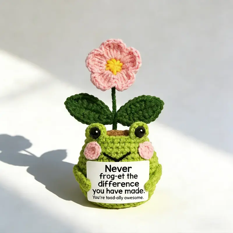 Handmade Crochet Frog Planter with Flower, Figurine, Cute Animal Design, Cute Unique Frog Decor, Thoughtful Encouraging Gift, "Never Frog-et" Positive Quote Decor, Spring and Summer Decoration, Emotional Support Gift for Friends, Moms