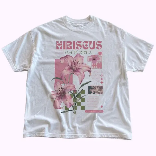Hibiscus Floral Graphic Tee, Vintage Y2K Japanese Aesthetic Unisex T-Shirt