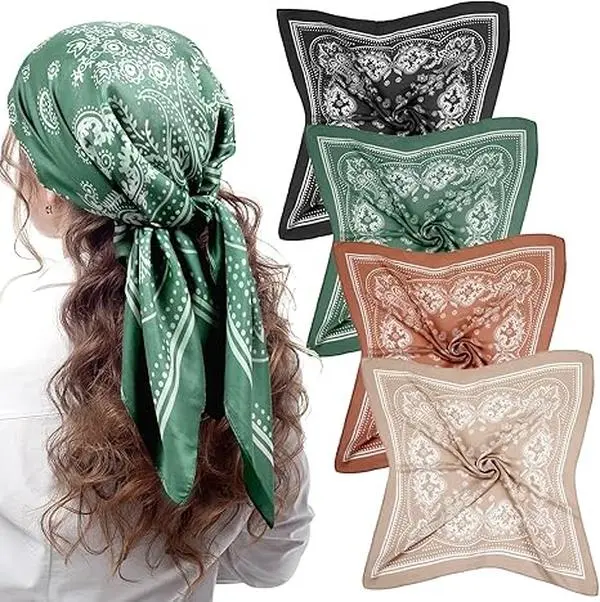 4 Pcs 27'' Square Silk Bandana Satin Head Scarves for Women Silk Like Neck Scarf Durag Hair Wrap for Sleeping Headwear