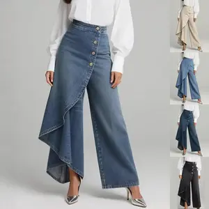 Unique Straight-leg Pants Fashion Large Ruffled Buttons Trousers Women's Faux Jeans Clothing
