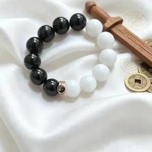 Taoist Yin-Yang Tai Chi Phone Charm Bracelet - Obsidian & White Jade, 5 Elements Balance, Aura Stabilizing Protective Lucky Mobile Phone Accessory
