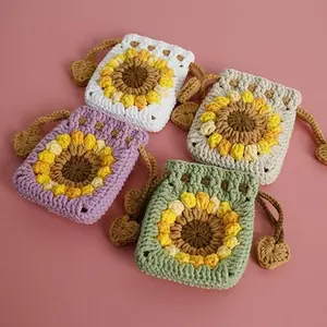 Sweet sunflower handmade woven mini pouch bag; Snow yarn crochet earphone case; Sunflower coin purse