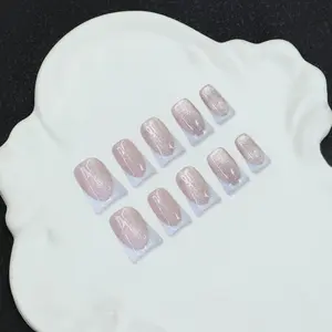 10 piece Y2K nail chic duckbill set - handmade, gray, white, French pointed, cat eye, sparkling nails, exquisite and elegant nails - suitable for women and girls, daily wear, Diy nail art, including toolkits, nail supplies, artistic handmade nail pressing