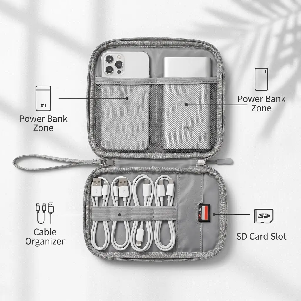 Oxford Fabric Tech Organizer Accessory Bag (19×11×4.5cm) - Collapsible Dustproof Double-Layered Portable Cable Storage Pouch for Commuters, Fits Power Bank & SD Cards