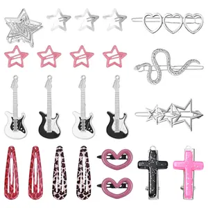 22 Pcs Y2k Pink Hair Clips Set Kawaii Hair, Love Star Cross Hair Clip Diy Handmade Accessories Guitar Pendant, Star Claw Clip Hairpin Snake Hair Clip, for Girls Hairstyle Accessory Gifts