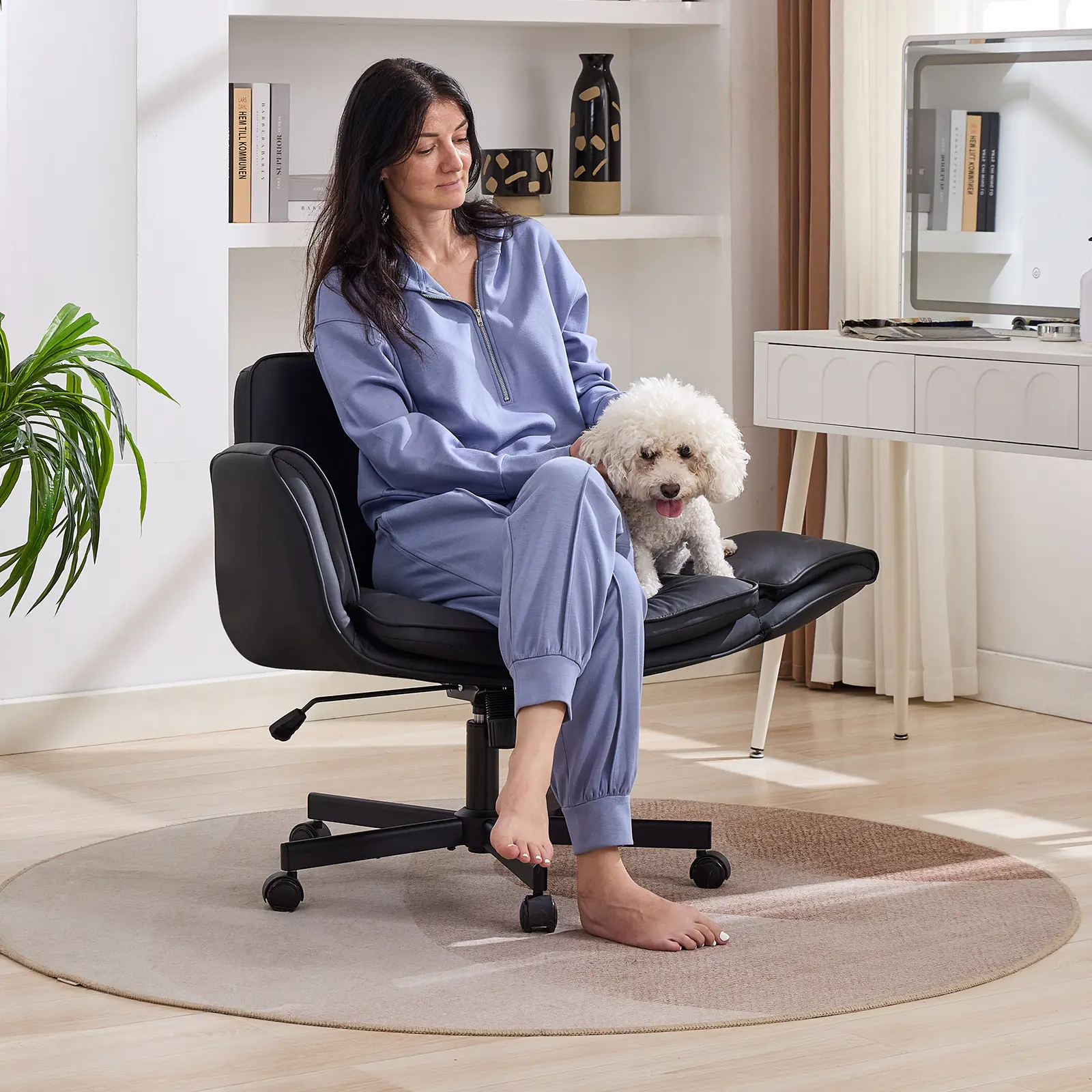SCEVOKIN Criss Cross Office Desk Chair - 5-Level Adjustable Arms, Rolling Wheels, Comfortable Ergonomic PU Leather Swivel Chair for Home Office, Bedroom, Criss Cross Chair