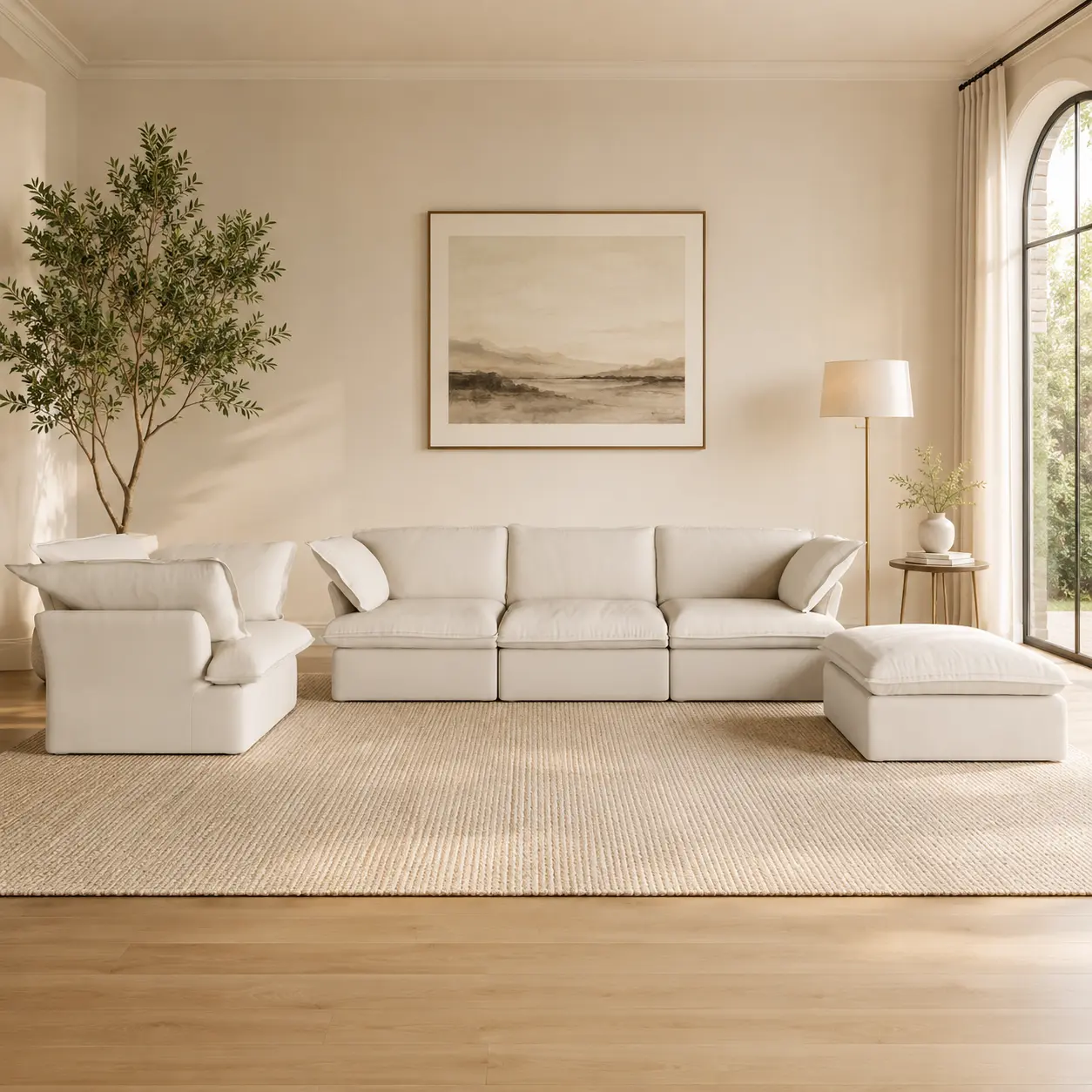 Modular Sectional Cloud Sofa | L-Shaped Deep Seat Couch with Ottoman | Modern Comfy Living Room Sofa