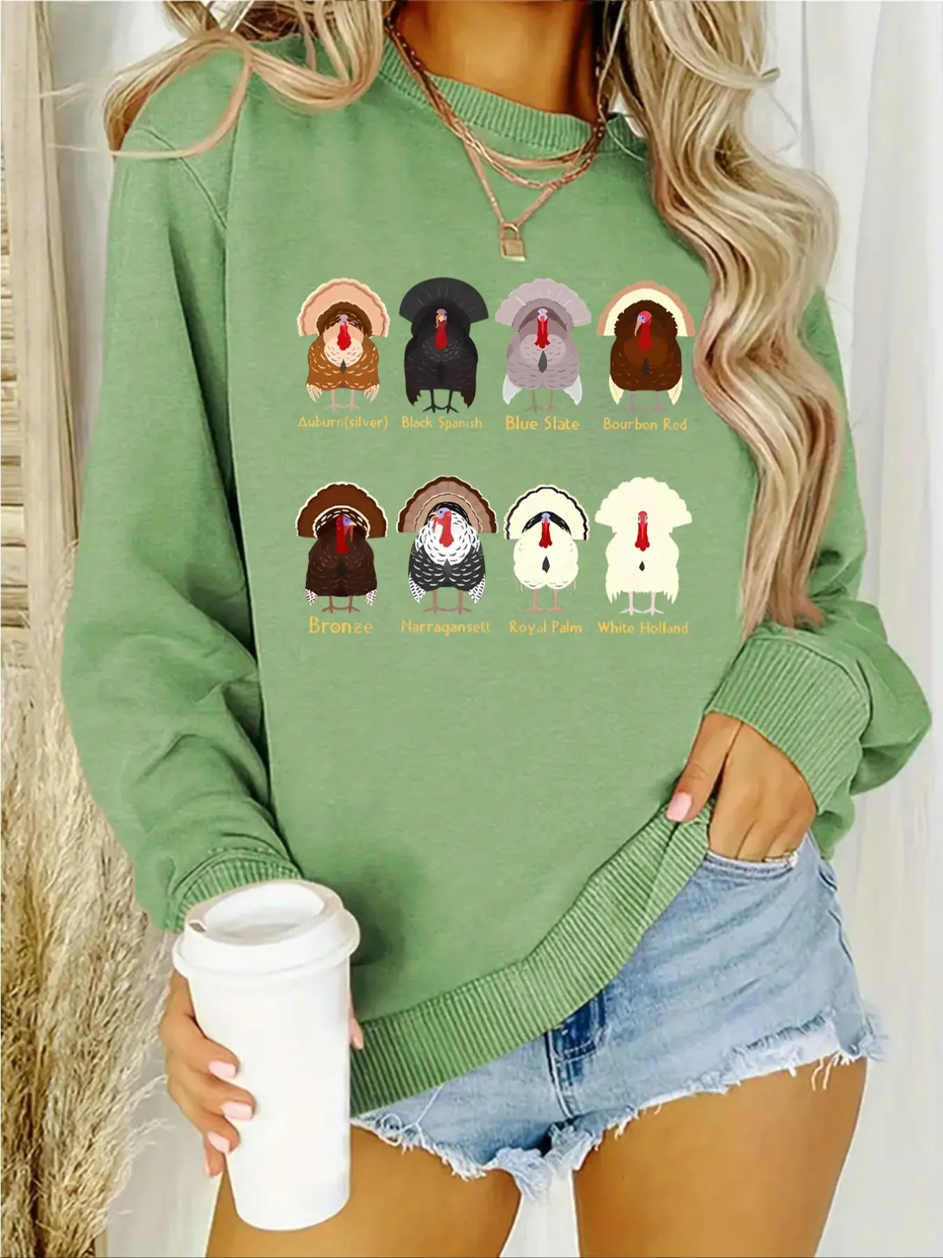 Women's Cartoon Turkey Print Cut Out Drop Shoulder Thermal Lined Sweatshirt, Casual Long Sleeve Round Neck Pullover for Fall & Winter, Ladies Clothes for Daily Wear