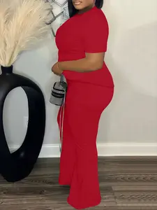 Women's Fashion Womenswear Plus Size Casual Short Sleeve Set Outfit, Plain Loose Fit Top & High Waist Pants, Spring & Fall