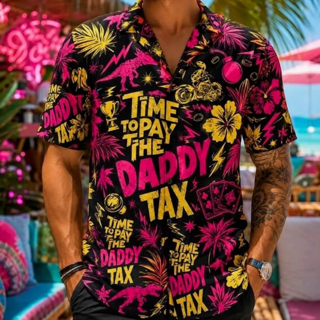 Funny Novelty Aloha Shirt, Lightweight Tropical Button Down, Casual Summer Beach Party Graphic Tee