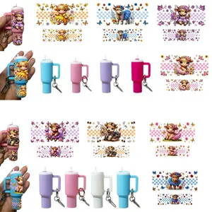 4 in 1 DIY Mini Cup Keychain & Stickers Set, 4 Sets Cute Cartoon Animal Pattern UV Transfer Sticker & Key Pendants, Handmade Creative Gift for Gift, Stickers Kit, Creative Craft Kit