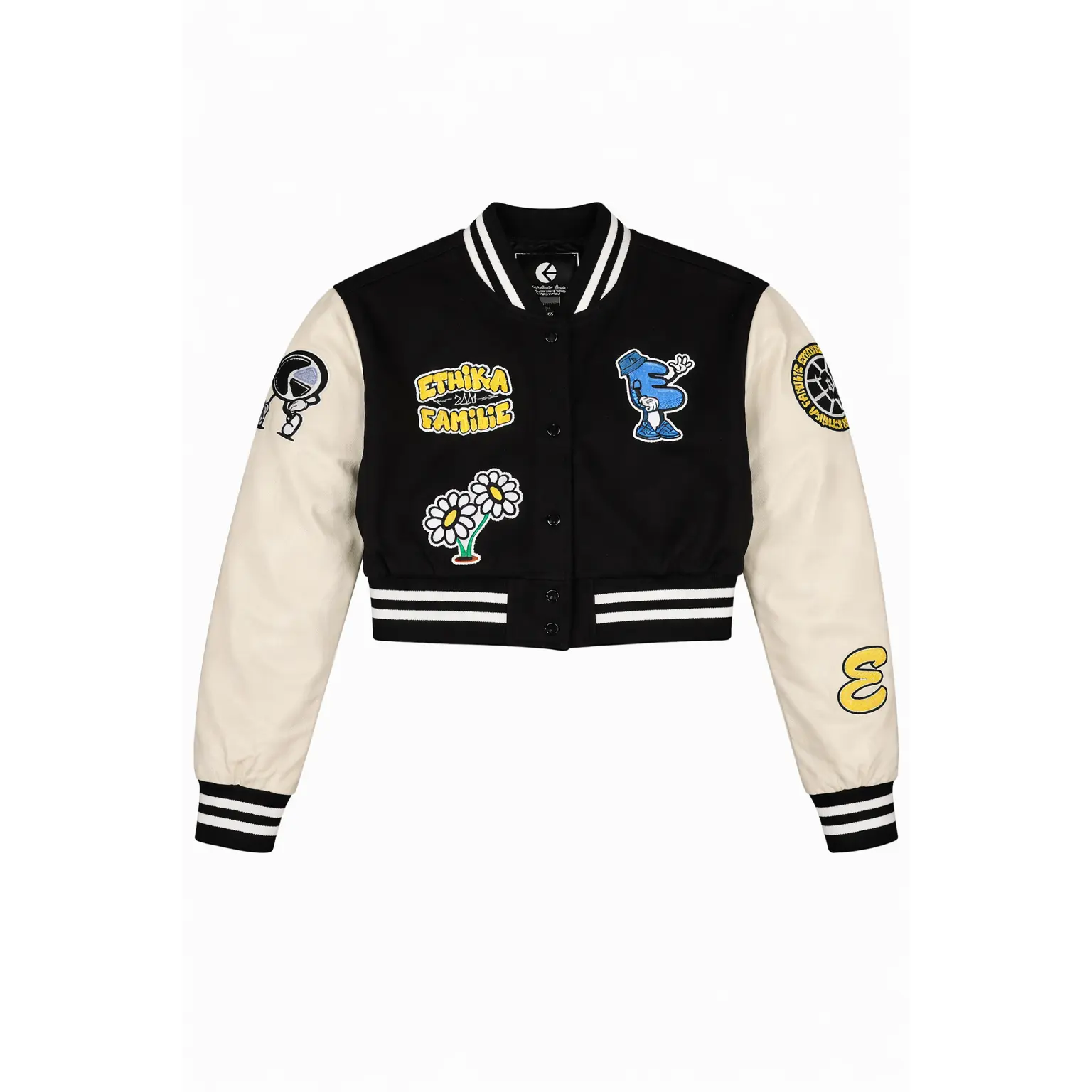 Women's Soft Ribbed Striped Embroidered Graphic Cropped Varsity Jacket - Black/Cream Multi, Long Sleeves, Streetwear Style, Premium Fabric, Women's Tops Category