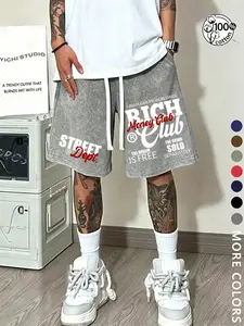 Unisex Street Style Summer "Money " slogan and RiCH lettering American hip-hop washed cotton trendy drawstring shorts, Suitable for streetwear, hip-hop and rap, aspiring to wealth, couple outfits, men's gifts, and casual everyday wear