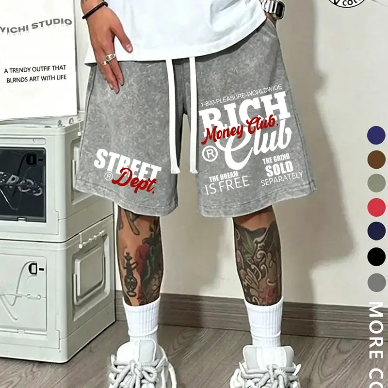 Unisex Street-Style Summer Shorts, Letter Print Shorts, 'Money' Slogan and RICH Lettering, American Hip-Hop Washed Cotton Graphic, Loose-Fit Drawstring Waist, Chic Casual Shorts, Suitable for Streetwear, Couple Outfits, and Everyday Wear