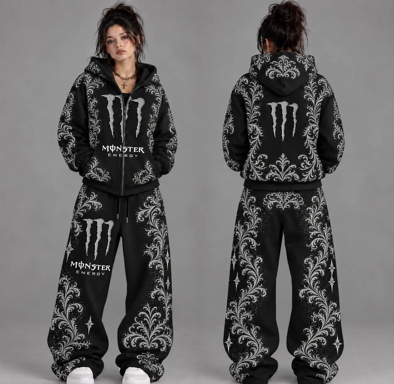 Gothic Graphic Zip Up Hoodie, Oversized Full Zip Sweatshirt with Floral Print, Trendy Y2K Streetwear Jacket, Casual Unisex Hoodie