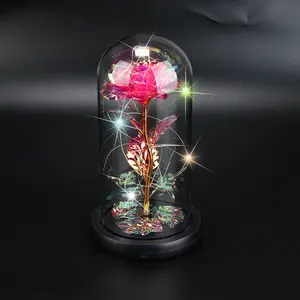 Rose Flower Glass Cover Gold Small Ornament Decoration Foreign Trade Valentine's Day Gift for Girlfriend, Elder, Teacher, Colleague Led Light Backlit Led Lighted