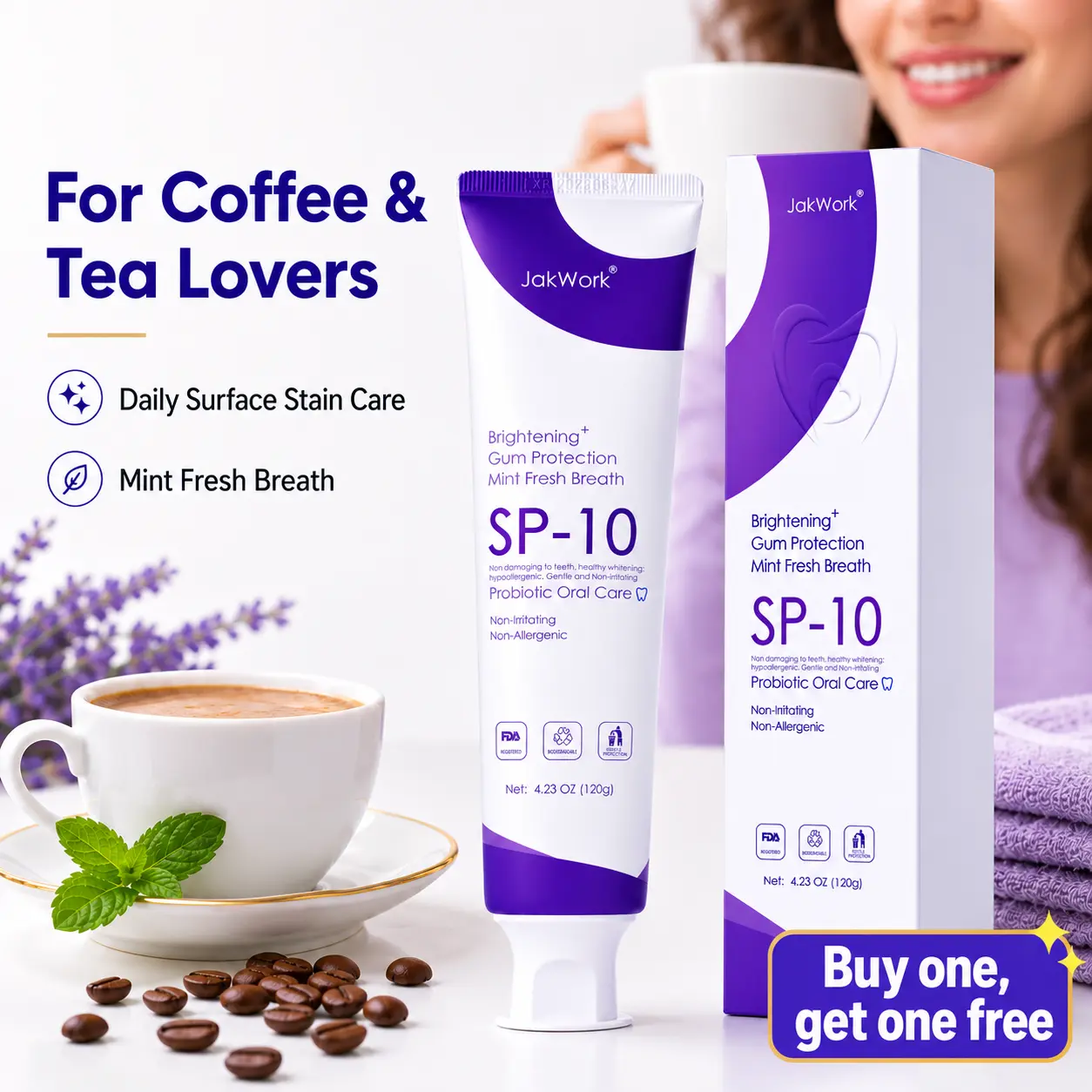 JakWork Coffee & Tea Stain Removal Toothpaste - BOGO Free, Probiotics Blend Fresh Mint, Fluoride-Free Daily Oral Care, 120g