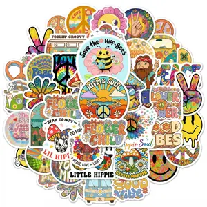 50PCS Hippie Stickers Pack Waterproof Vinyl Decals, Retro Boho Groovy Peace Love Flower Stickers for Water Bottle, Laptop, Guitar, Skateboard, Phone Case, Journal, Cute Aesthetic Sticker Set for Teens Adults
